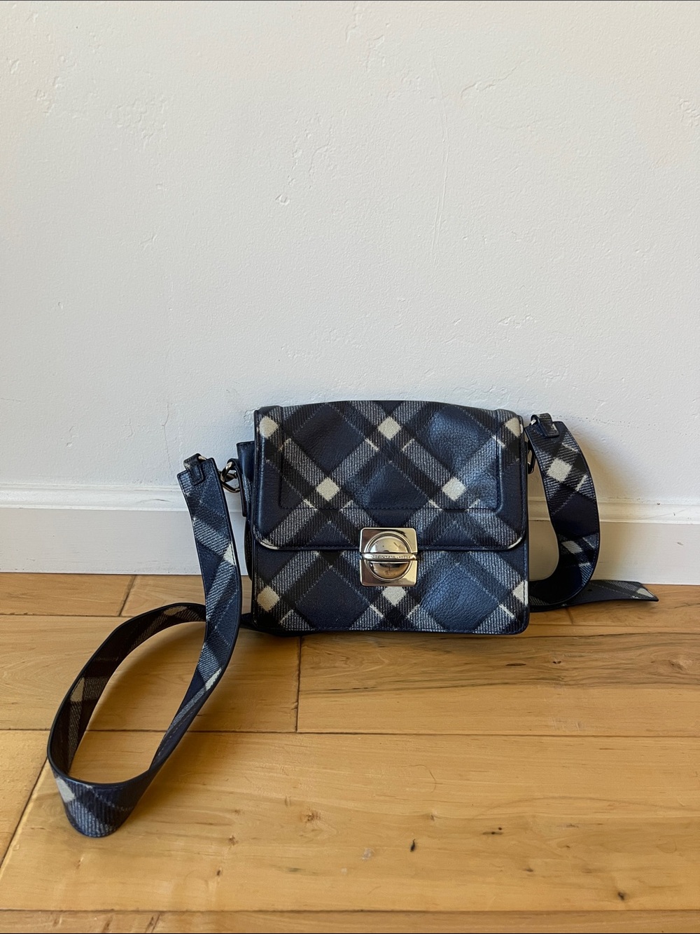 Plaid Crossbody Shoulder Bag in Navy and Cream